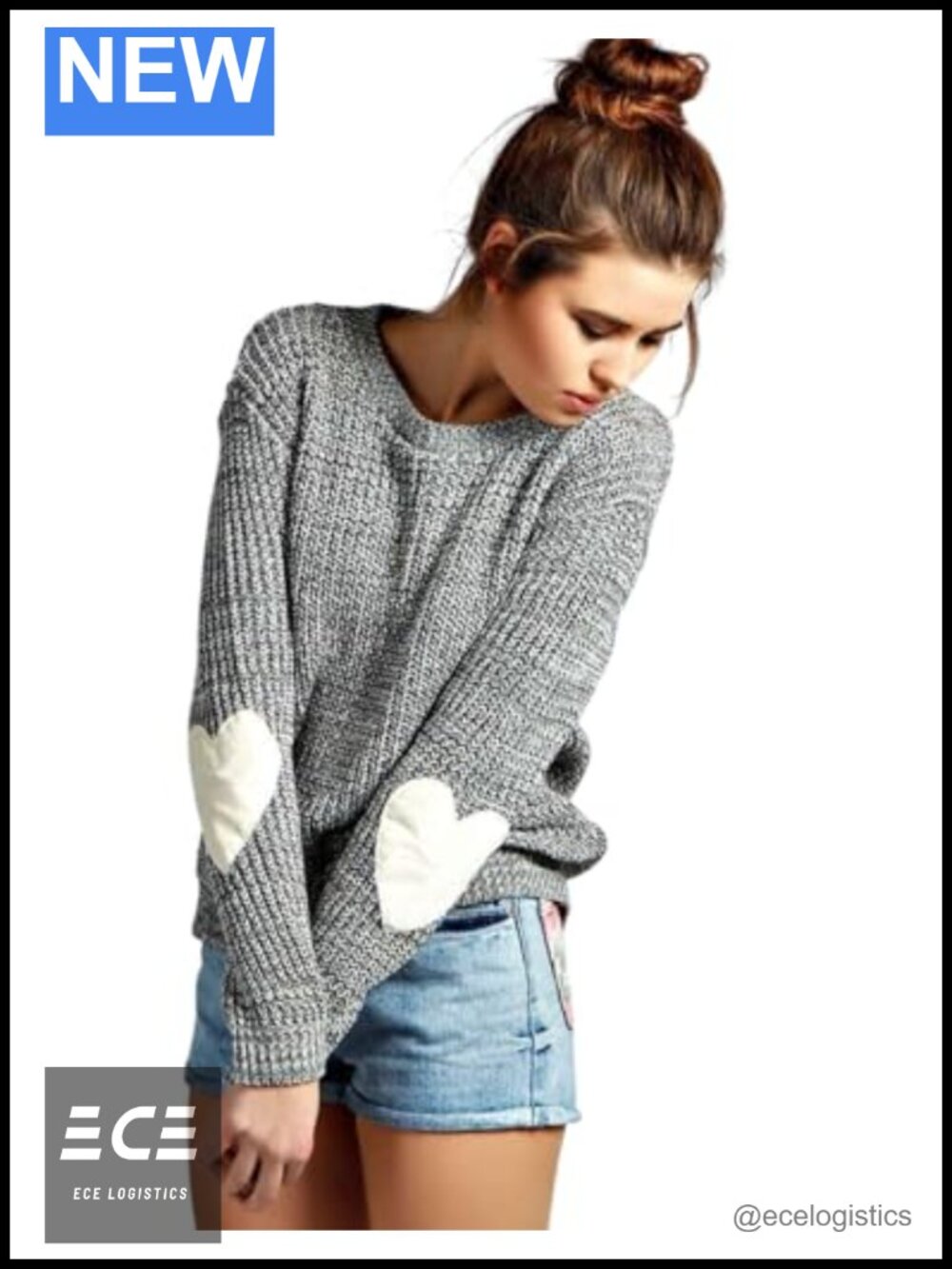 Women's Heart Pattern Elbow Patch Pullover Sweater Crew Neck